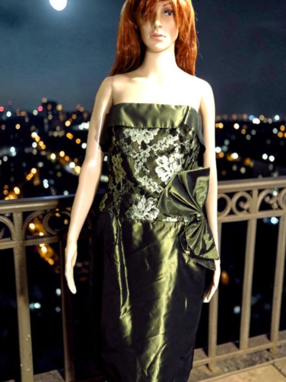 Olive Green Lacy Strapless Dress by Touche